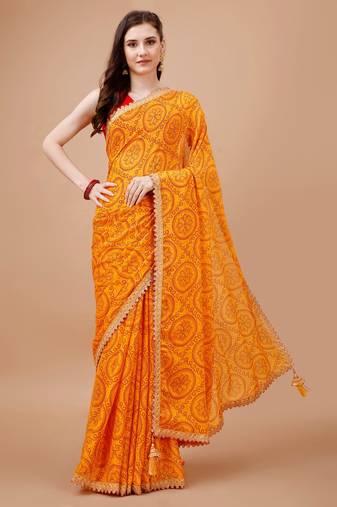 Yellow Georgette Bandhani Print With Embroidered Work  With Blouse.
