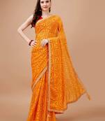 Yellow Georgette Bandhani Print With Embroidered Work  With Blouse.