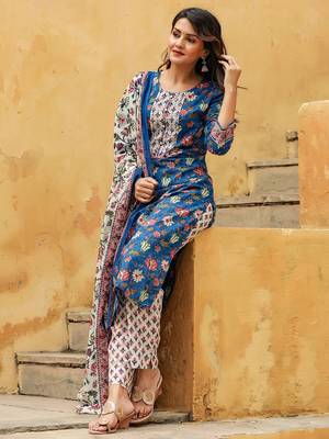 blue color printed rayon blend styles kurta trouser with dupatta 1