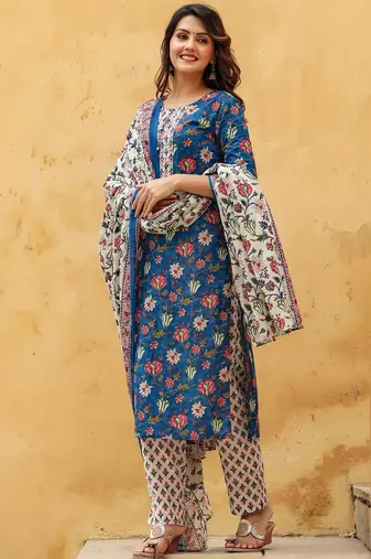 blue color printed rayon blend styles kurta trouser with dupatta