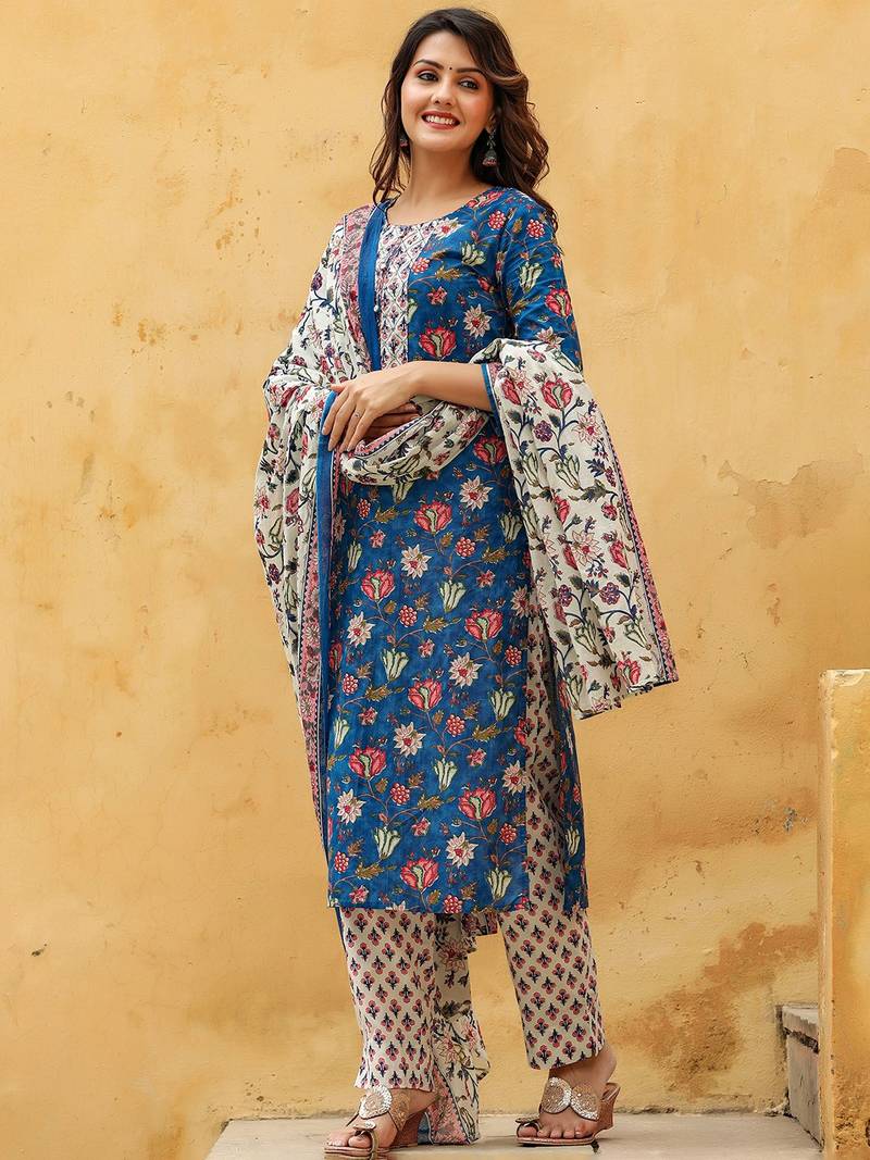 blue color printed rayon blend styles kurta trouser with dupatta