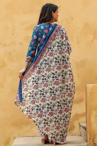 blue color printed rayon blend styles kurta trouser with dupatta