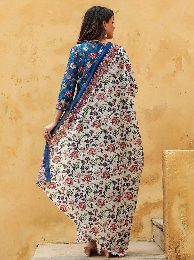 blue color printed rayon blend styles kurta trouser with dupatta