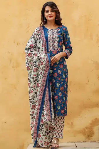 blue color printed rayon blend styles kurta trouser with dupatta