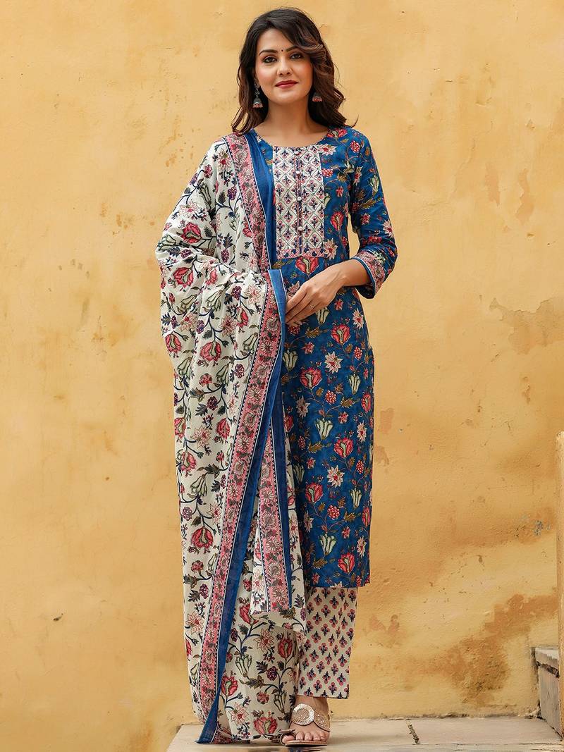 blue color printed rayon blend styles kurta trouser with dupatta