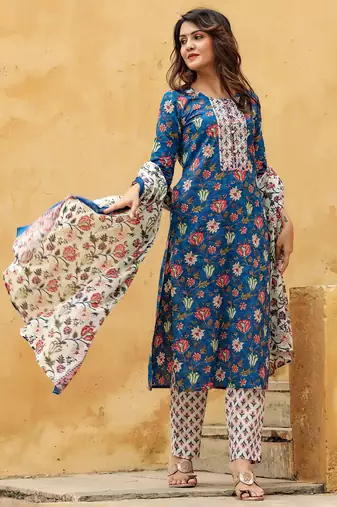 blue color printed rayon blend styles kurta trouser with dupatta