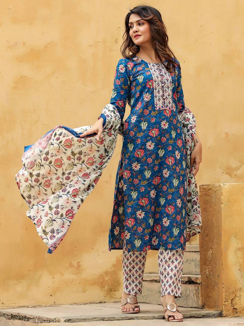 blue color printed rayon blend styles kurta trouser with dupatta