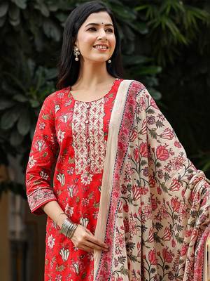 red color printed rayon blend styles kurta trouser with dupatta 1