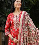 red color printed rayon blend styles kurta trouser with dupatta