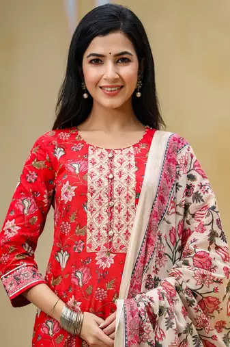 red color printed rayon blend styles kurta trouser with dupatta