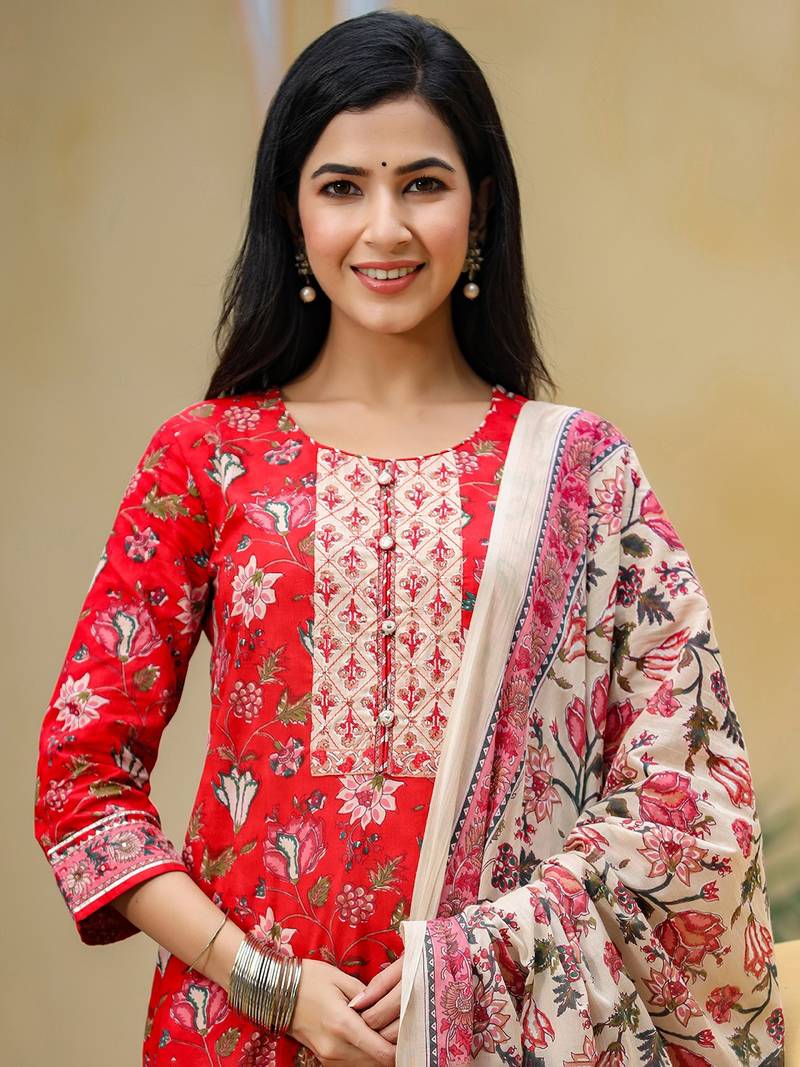 red color printed rayon blend styles kurta trouser with dupatta