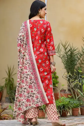 red color printed rayon blend styles kurta trouser with dupatta