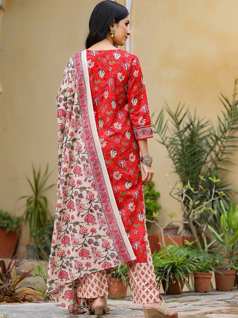 red color printed rayon blend styles kurta trouser with dupatta