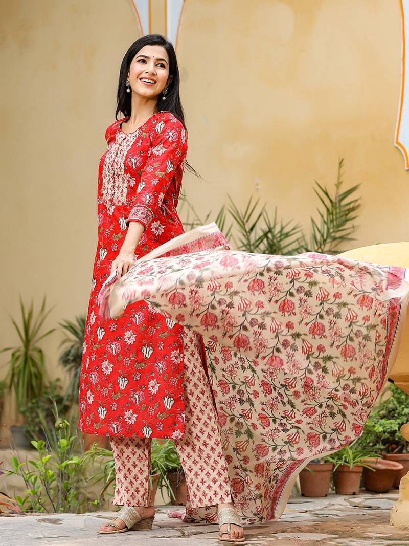 red color printed rayon blend styles kurta trouser with dupatta