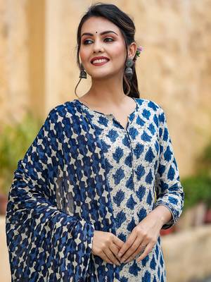 off white color printed rayon blend styles kurta trouser with dupatta 1