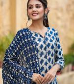off white color printed rayon blend styles kurta trouser with dupatta