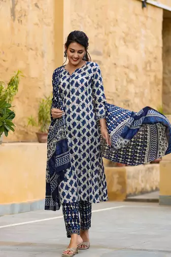 off white color printed rayon blend styles kurta trouser with dupatta