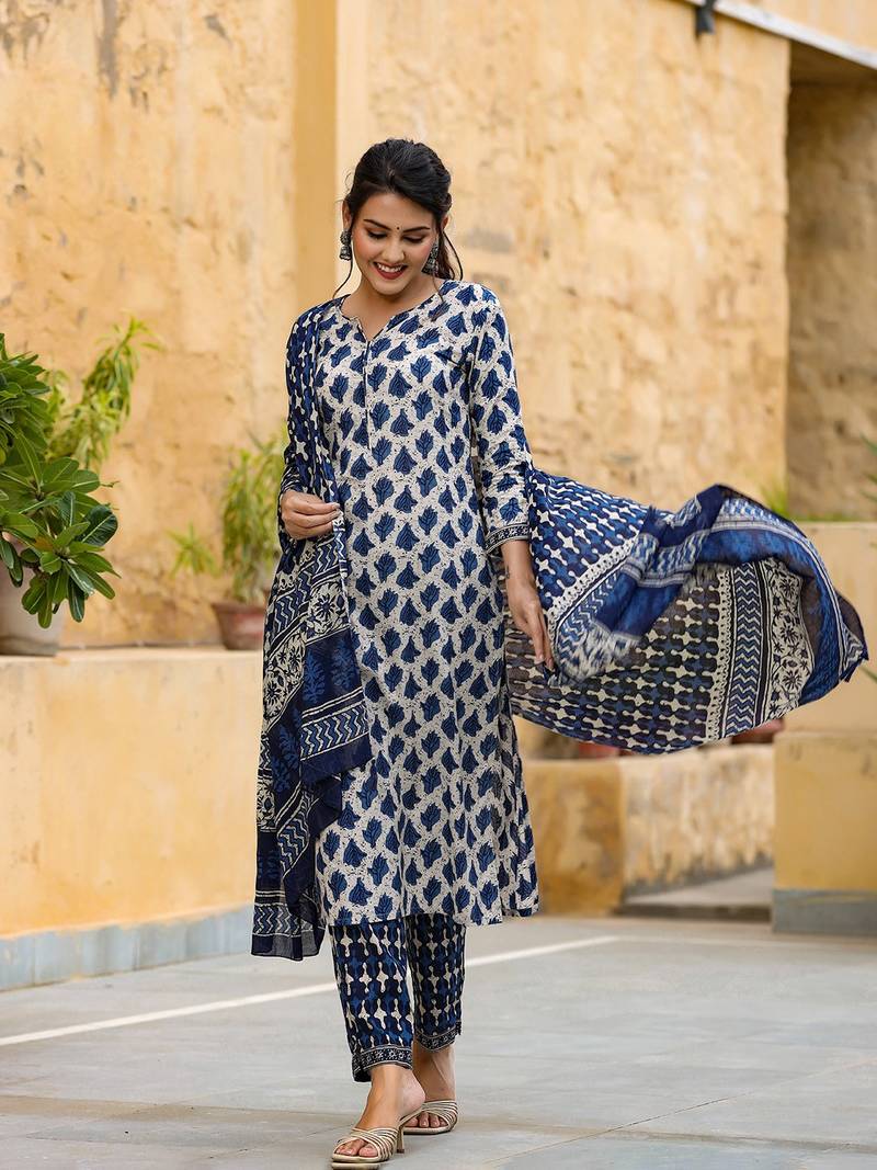 off white color printed rayon blend styles kurta trouser with dupatta