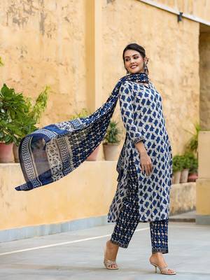 off white color printed rayon blend styles kurta trouser with dupatta 3