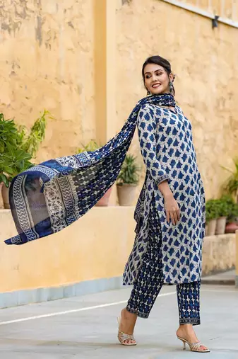 off white color printed rayon blend styles kurta trouser with dupatta