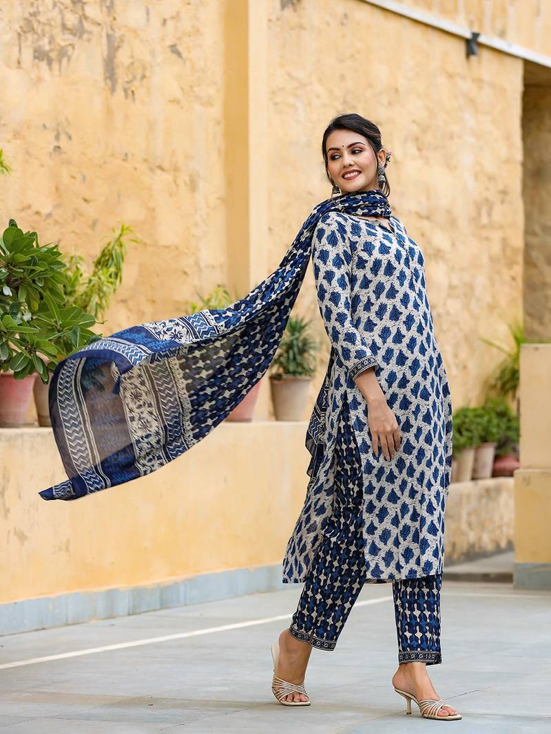 off white color printed rayon blend styles kurta trouser with dupatta