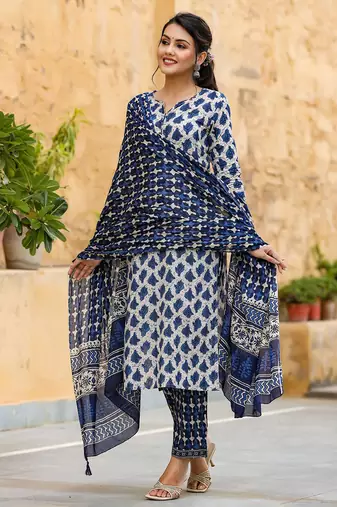 off white color printed rayon blend styles kurta trouser with dupatta
