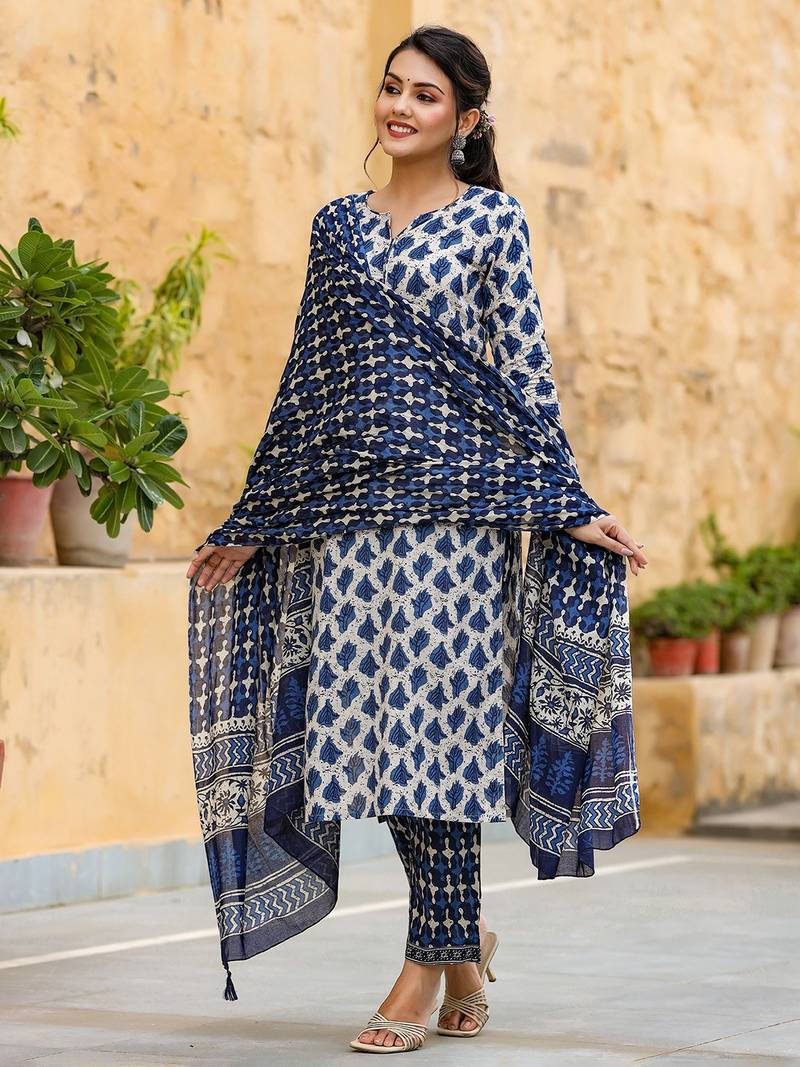 off white color printed rayon blend styles kurta trouser with dupatta
