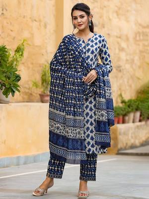 off white color printed rayon blend styles kurta trouser with dupatta 5