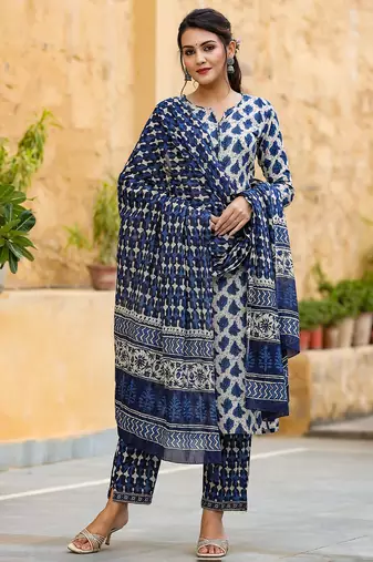 off white color printed rayon blend styles kurta trouser with dupatta