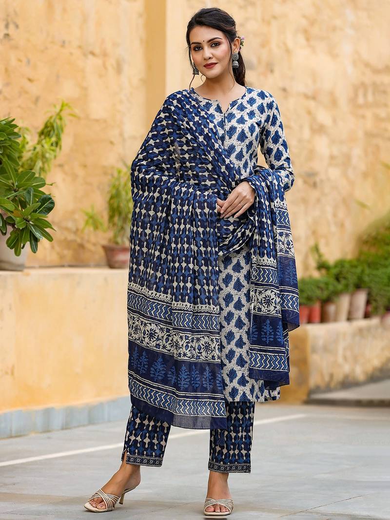 off white color printed rayon blend styles kurta trouser with dupatta
