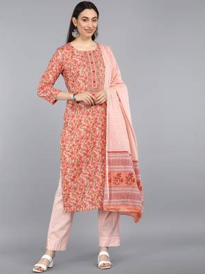 peach color printed rayon blend styles kurta trouser with dupatta 1