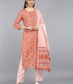 peach color printed rayon blend styles kurta trouser with dupatta