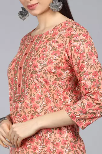 peach color printed rayon blend styles kurta trouser with dupatta