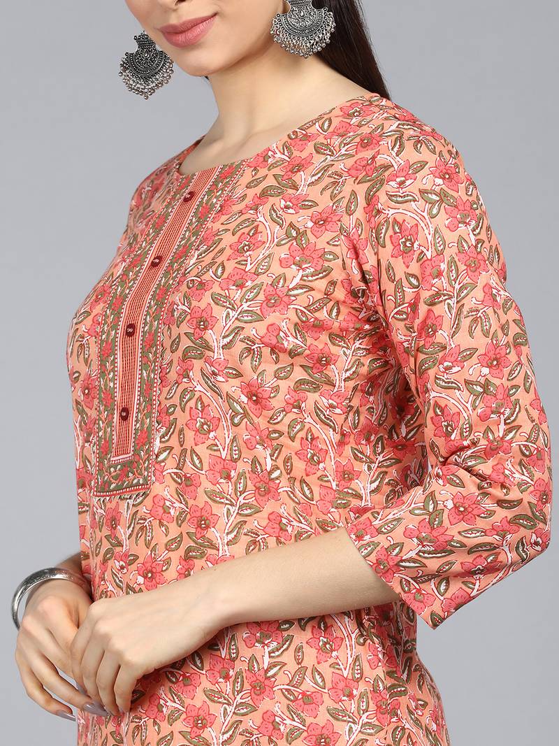 peach color printed rayon blend styles kurta trouser with dupatta