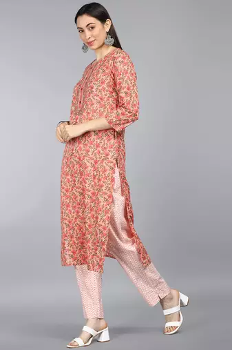 peach color printed rayon blend styles kurta trouser with dupatta