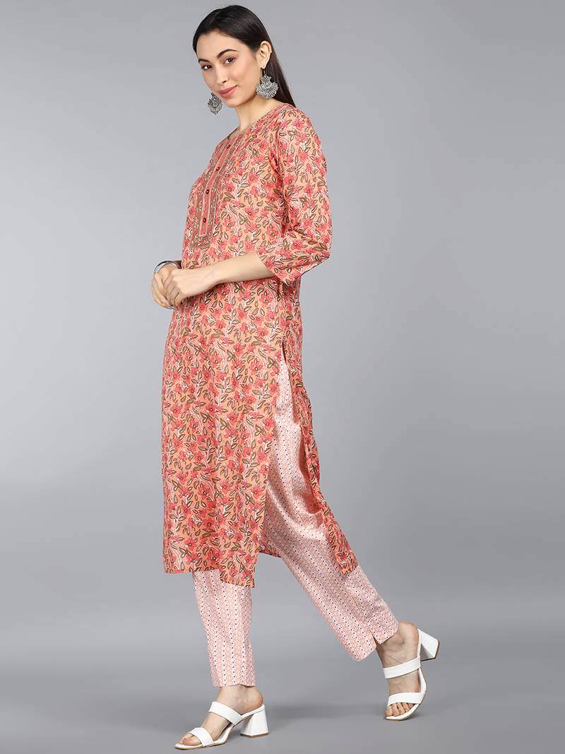 peach color printed rayon blend styles kurta trouser with dupatta