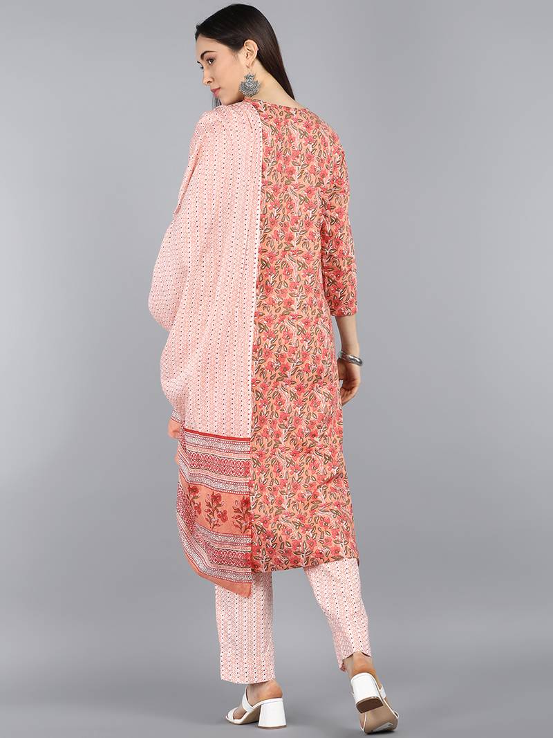 peach color printed rayon blend styles kurta trouser with dupatta
