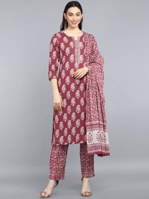 maroon color printed rayon blend styles kurta trouser with dupatta 1