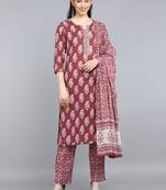 maroon color printed rayon blend styles kurta trouser with dupatta