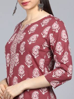 maroon color printed rayon blend styles kurta trouser with dupatta 2