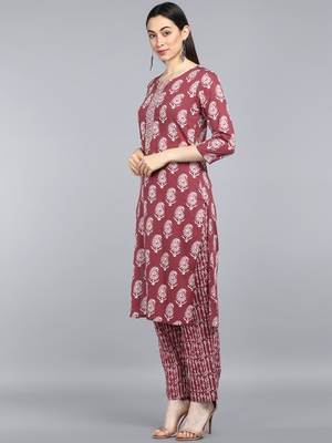 maroon color printed rayon blend styles kurta trouser with dupatta 3