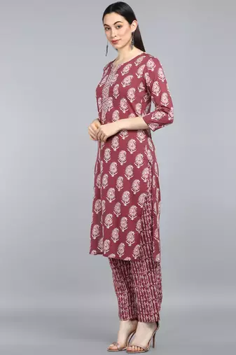maroon color printed rayon blend styles kurta trouser with dupatta