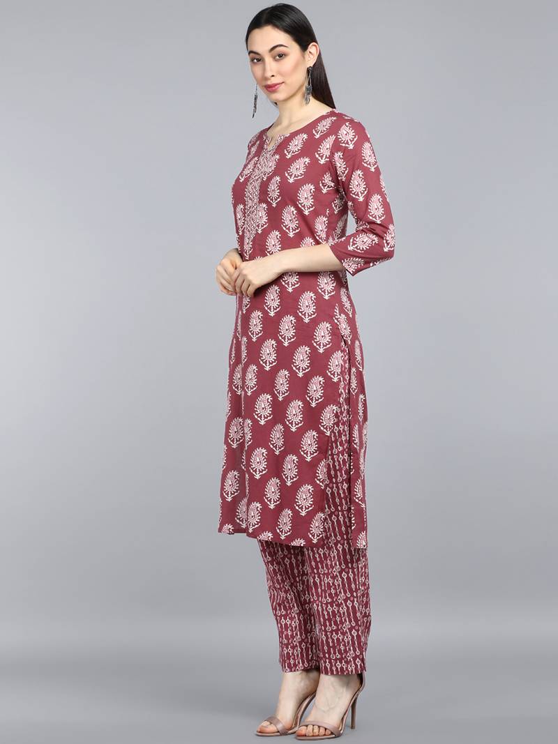 maroon color printed rayon blend styles kurta trouser with dupatta