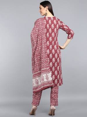 maroon color printed rayon blend styles kurta trouser with dupatta 4
