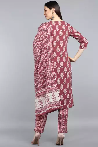 maroon color printed rayon blend styles kurta trouser with dupatta