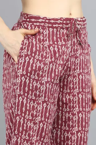 maroon color printed rayon blend styles kurta trouser with dupatta
