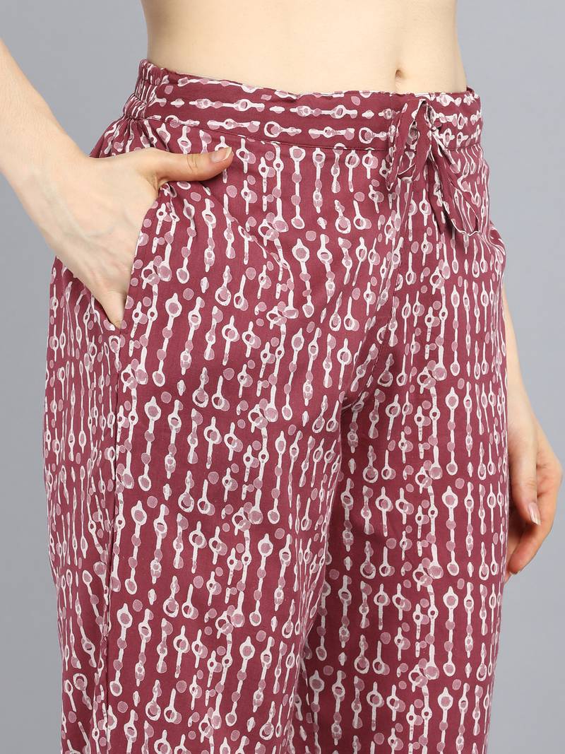 maroon color printed rayon blend styles kurta trouser with dupatta