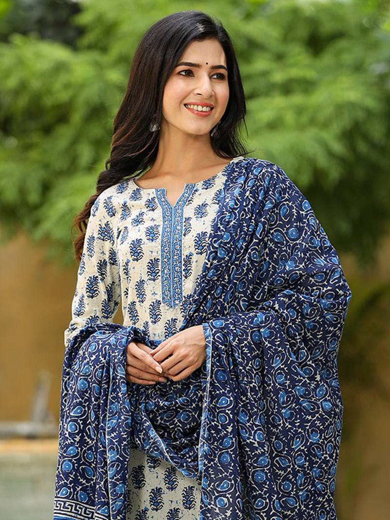 white color printed rayon blend styles kurta trouser with dupatta