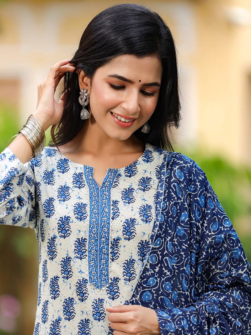 white color printed rayon blend styles kurta trouser with dupatta
