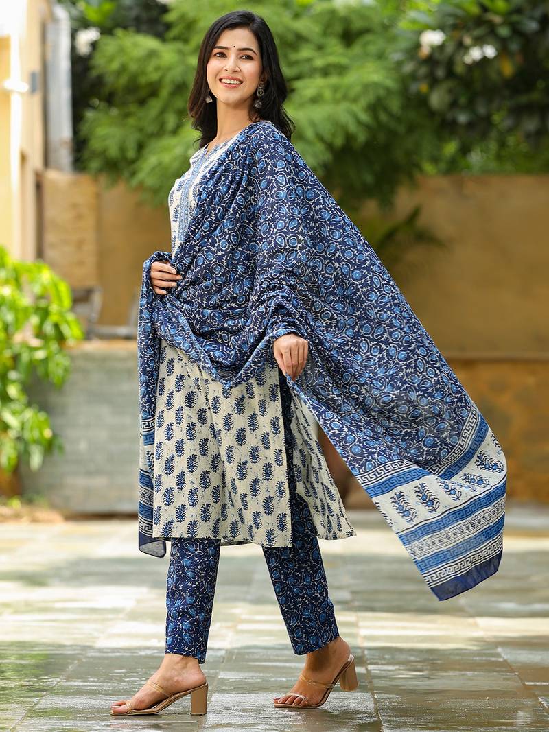 white color printed rayon blend styles kurta trouser with dupatta